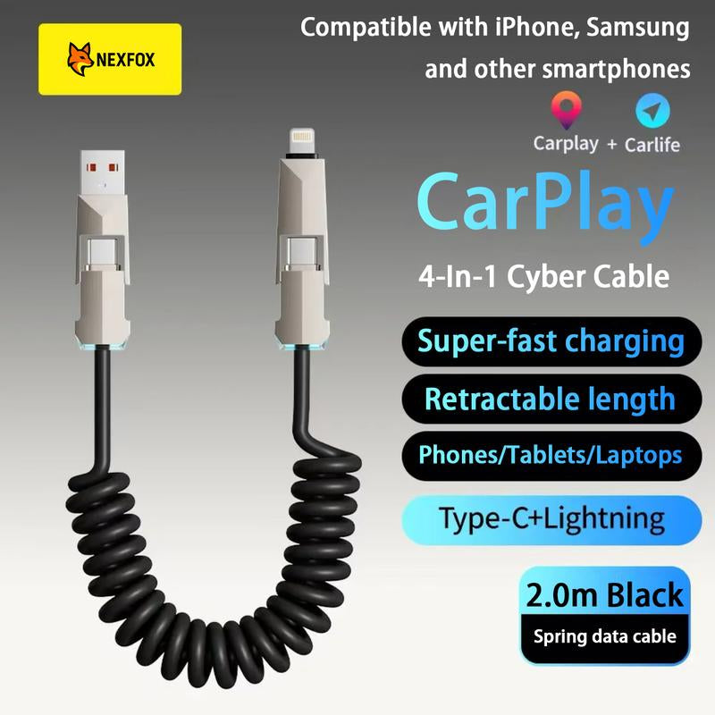 Cyber Cable - Carplay for Vehicles - Phones|Tablets|Laptops - Spring Data Cable - Fast Charging Data Sync for Iphone 17 with USB A, Type C, and Lightning