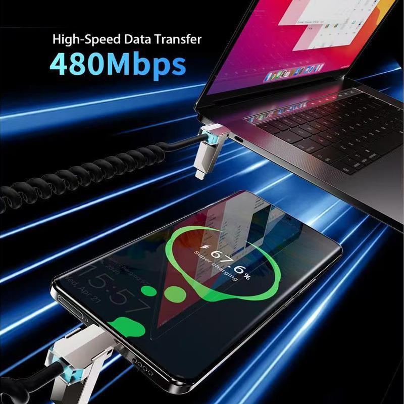 Cyber Cable - Carplay for Vehicles - Phones｜Tablets｜Laptops - Spring Data Cable - Fast Charging Data Sync for Iphone 17 with USB A, Type C, and Lightning