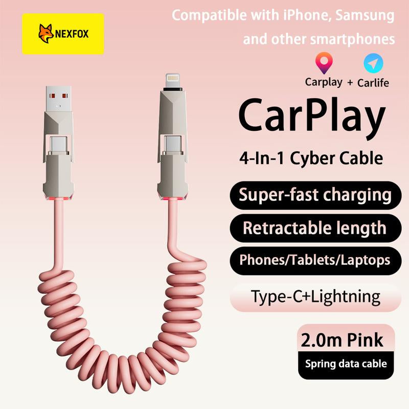 Cyber Cable - Carplay for Vehicles - Phones｜Tablets｜Laptops - Spring Data Cable - Fast Charging Data Sync for Iphone 17 with USB A, Type C, and Lightning