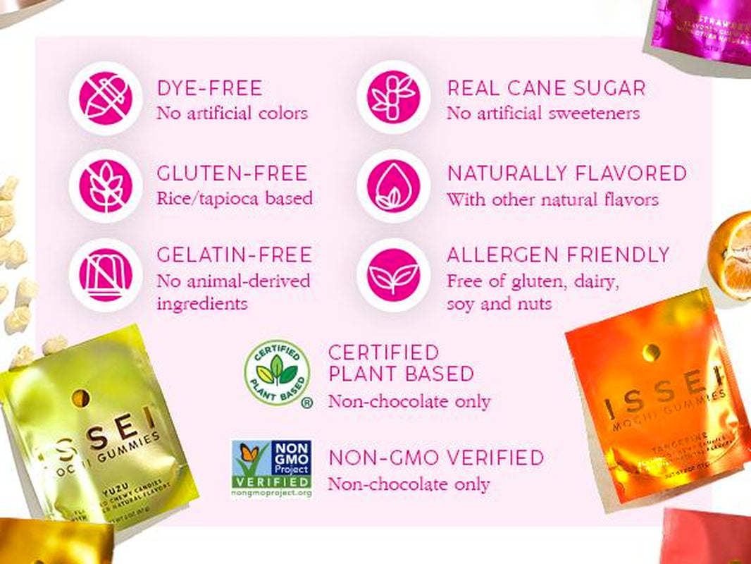 ISSEI Mochi Gummies Chewy Candy | Soft & Chewy | Award Winning | Gelatin-Free, Non-Gmo, Gluten-Free, Plant-Based, Dye-Free | Delicious Snack | 2 Oz (6 Pack, Rainbow Variety) Sweet Bonbon