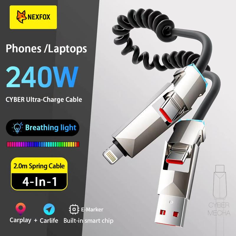 Cyber Cable - Carplay for Vehicles - Phones｜Tablets｜Laptops - Spring Data Cable - Fast Charging Data Sync for Iphone 17 with USB A, Type C, and Lightning