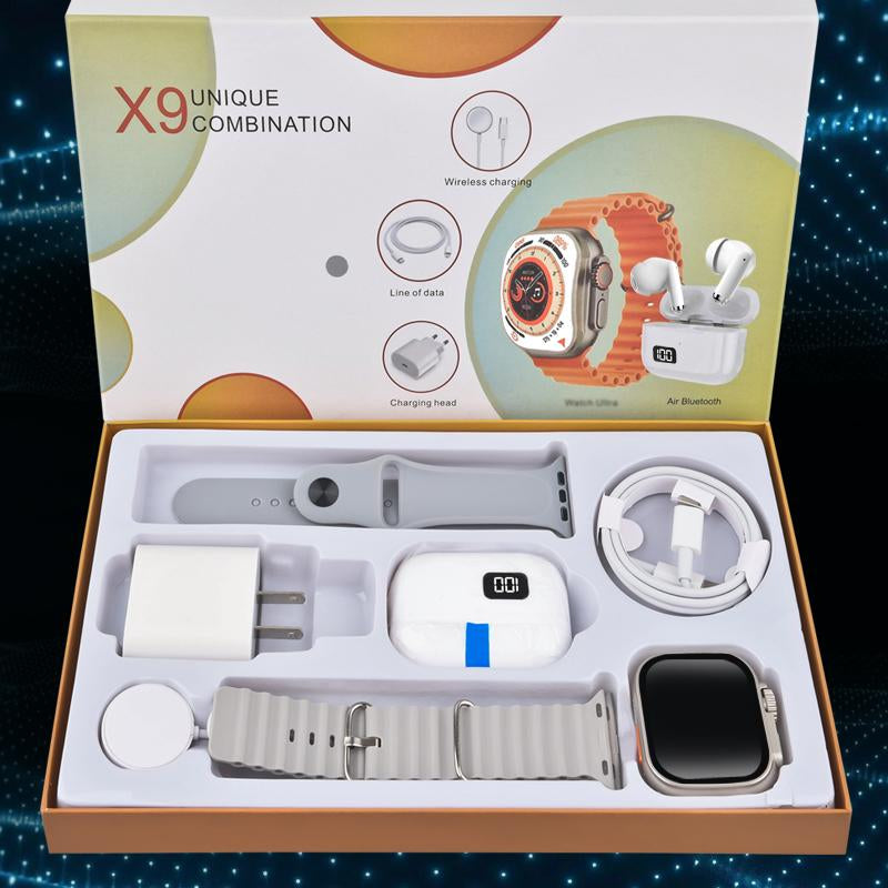 6-In-1 Smar Twatch Kit Smart Watches for Iphone/Andriod: Smartwatch, Bluetooth Headphones, 20W Fast Charger, Type-C Fast-Charging Cable, Adapter, and Audio Support—Compact and Portable. Headphone Device.